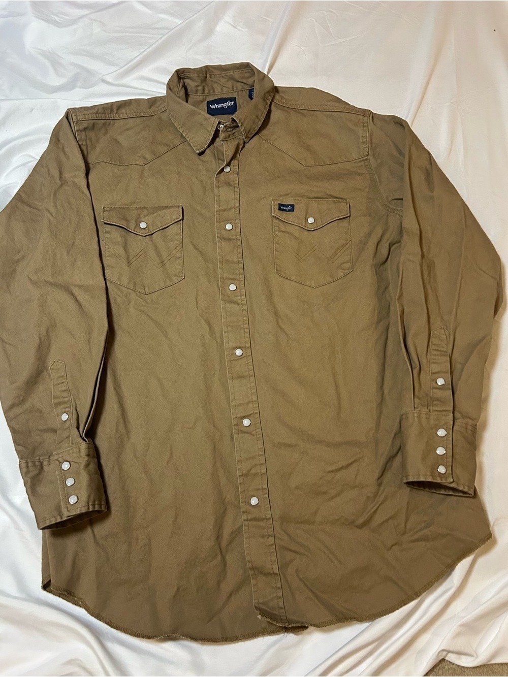Vintage Wrangler Brushpopper Pearl Snap Western Shirt Tan Mens XLT Thick Cotton